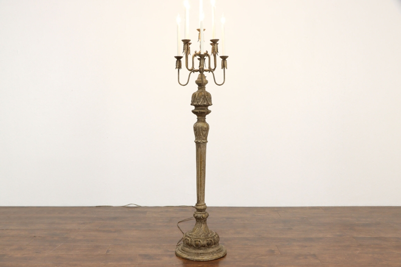 Baroque Dark Wood-Toned Nine-Light Candelabra Floor Lamp with Carvings