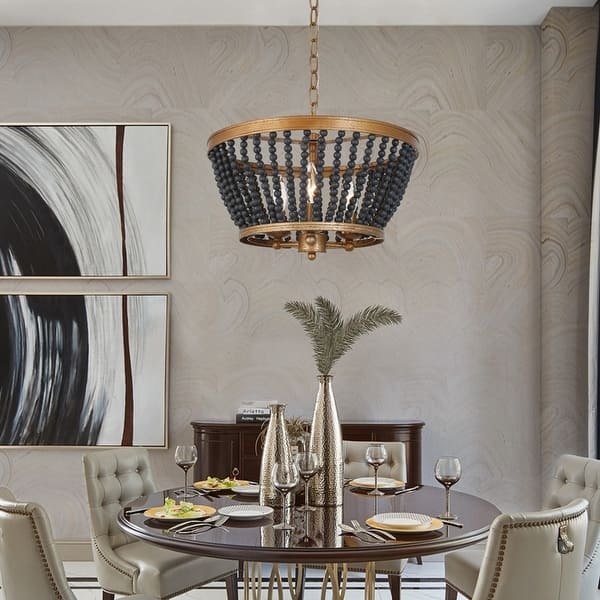 Beaded Chandelier Cascading Black Wooden Beads Gold Toned Finish