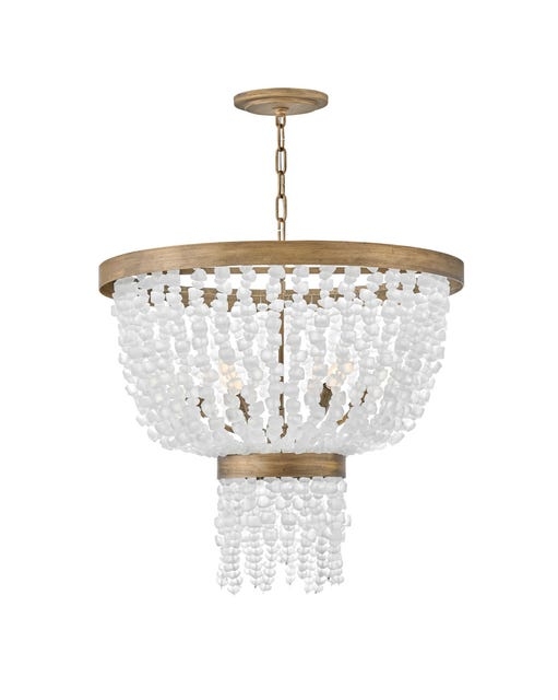 Beaded Chandelier Lighting, Matte Black Frame, Coastal Wood Beads.