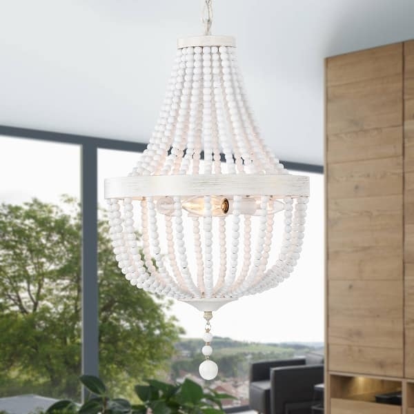 Beaded Chandelier Whitewashed Wood Tiered Boho Light Fixture