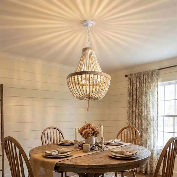 Beaded Chandelier with Wood Bead Tiers and Gold Toned Frame