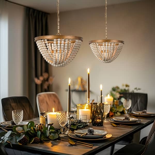 Beaded Chandelier Wood Beaded Swags Gold Metal Frame Semi Flush