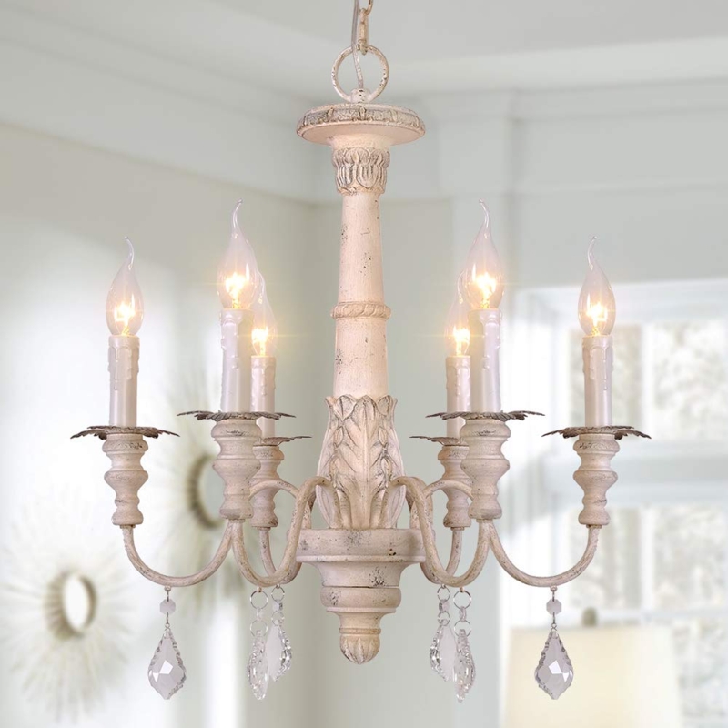 Beaded Wood Pendant Chandelier, Distressed Whitewash Finish
