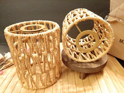 Bell Lamp Shades Natural Rattan Cane Woven Texture Boho Set