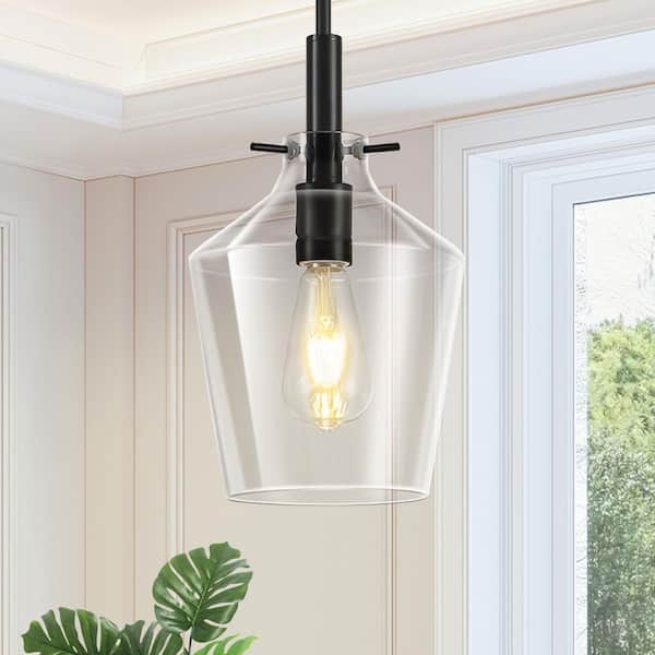 Bell Pendant Light Clear Glass Matte Black Modern Minimalist Adjustable.