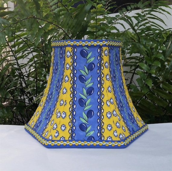 Bell Shape Lamp Shade Blue Yellow Botanical Floral Print Rolled Edge