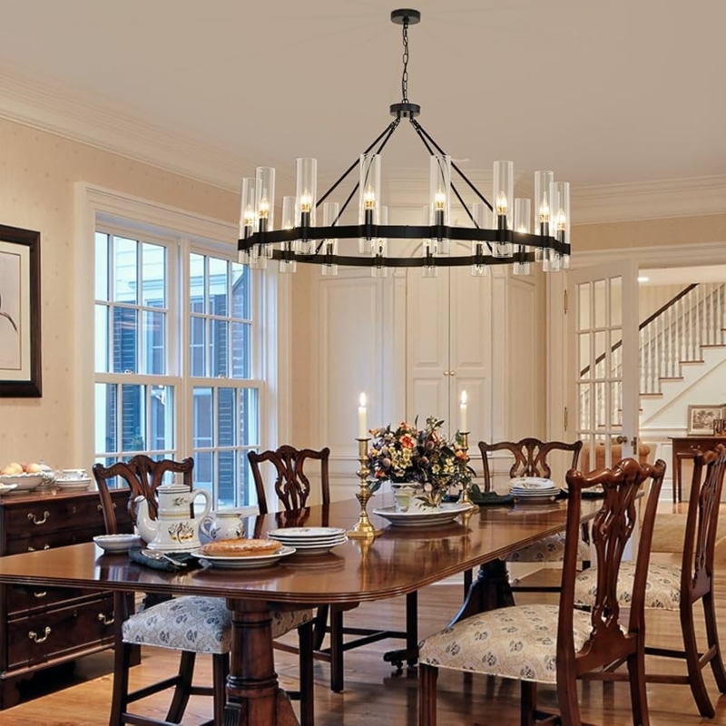Black 16-Light Wagon Wheel Chandelier with Cylindrical Glass Shades