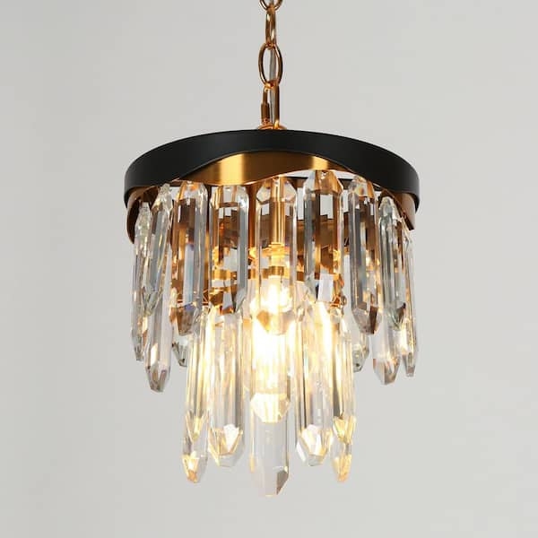 Black And Gold Crystal Light Pendant, Tiered Bands, Mixed Metal.