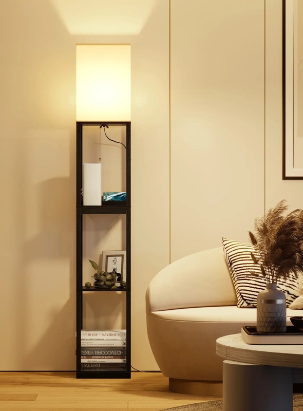 Black and Wood Shelf Floor Lamp with Pull Chain Switch
