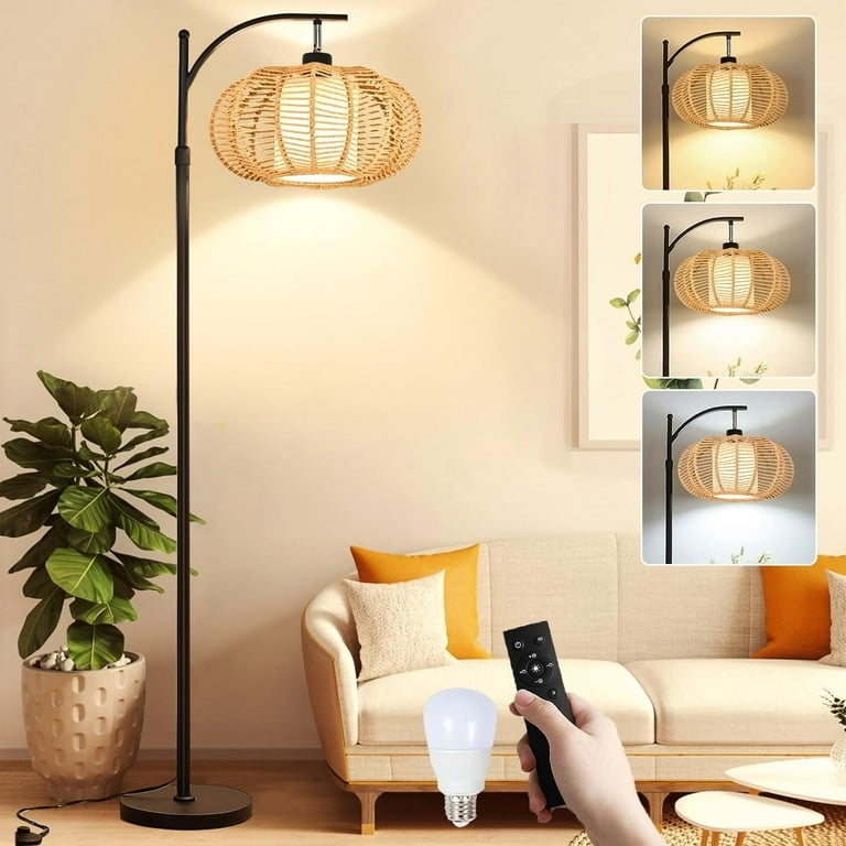 Black Arc Floor Lamp with Woven Rattan Drum Shade