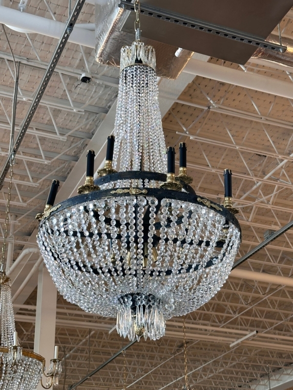 Black Candelabra Empire Chandelier with Wood Toned Beaded Drapes