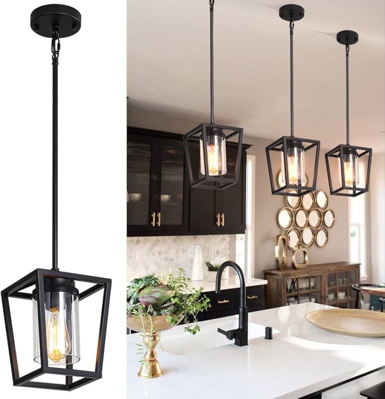 Black Lantern Pendant Light Glass Cylinder Shade Rustic