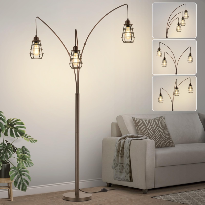 Black Metal Floor Lamp: Three Light Arc Design with Mesh Shades