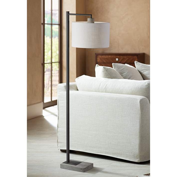 Black Offset Floor Lamp with Cantilevered Arm and Drum Shade