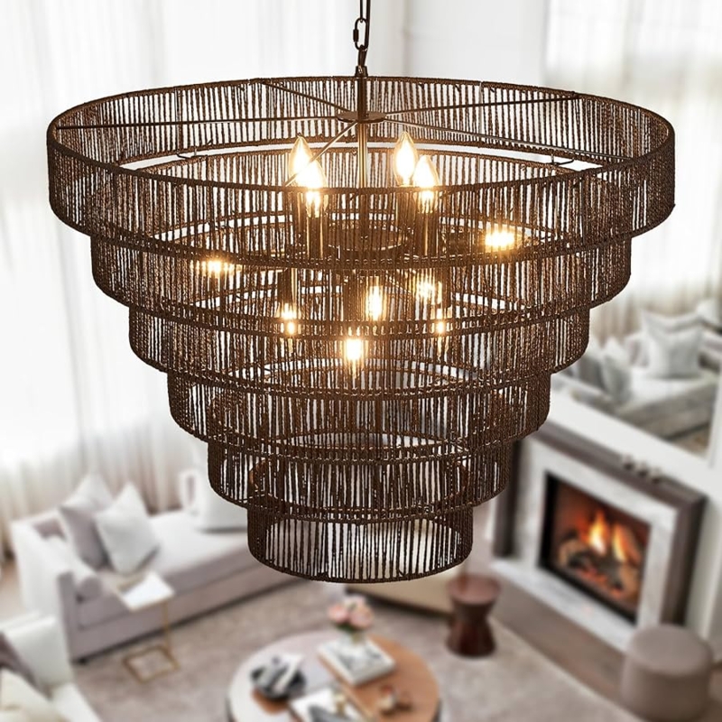 Black Rattan Drum Chandelier Two-Tier Design Boho Farmhouse Style