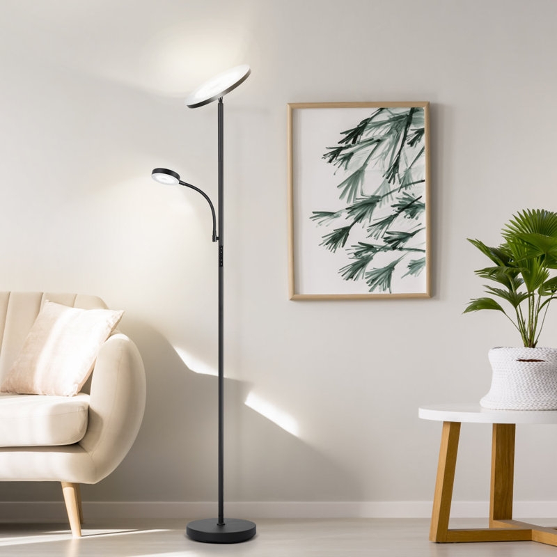 Black Torchiere Floor Lamp with Reading Light Remote Control Modern