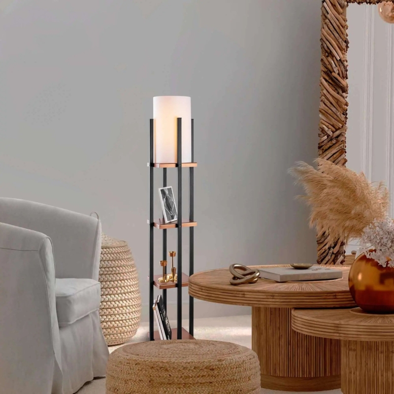 Black Tower Shelf Floor Lamp, Three-Tier Display, Minimalist Style