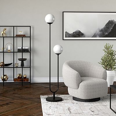Blackened Bronze Floor Lamp with Curved Arms and Clear Bell Shades