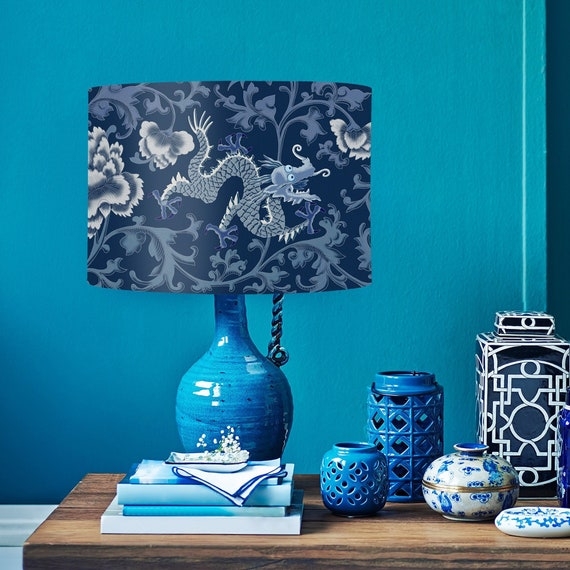 Blue and White Chinoiserie Dragon Tapered Drum Lampshade