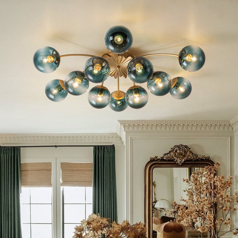 Blue Bubble Glass Chandelier, Semi-Flush Mount Gold Fixture