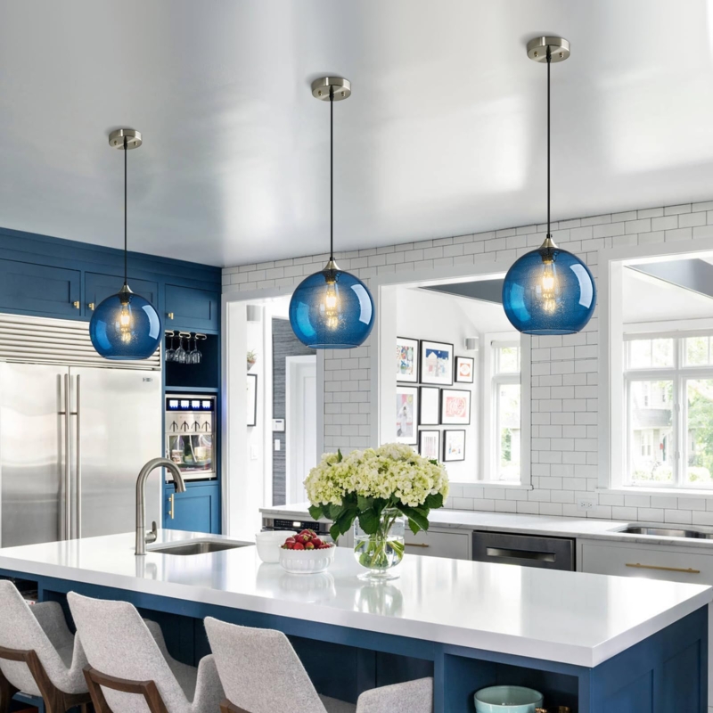 Blue Glass Globe Pendant Light, Gold Accents, Modern Kitchen