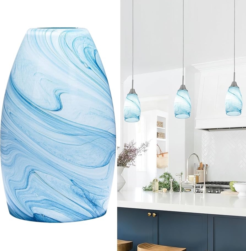 Blue Marbled Art Glass Oval Lamp Shade, Glossy Finish