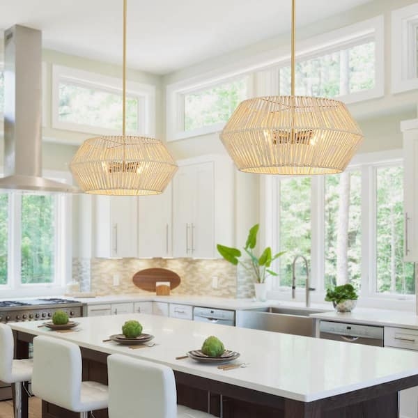 Bohemian Chandelier with Geometric Woven Shade and Brass Accents