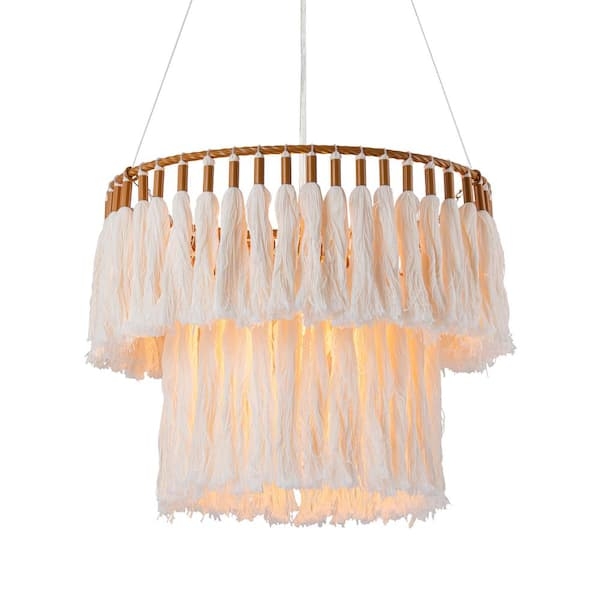 Bohemian Fringe Chandelier Lighting, Yellow Ochre Cotton, Three-Tier.