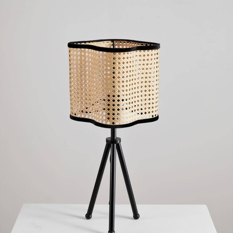 Bohemian Table Lamp Tripod Base Rattan Shade Velvet Rims Mid Century