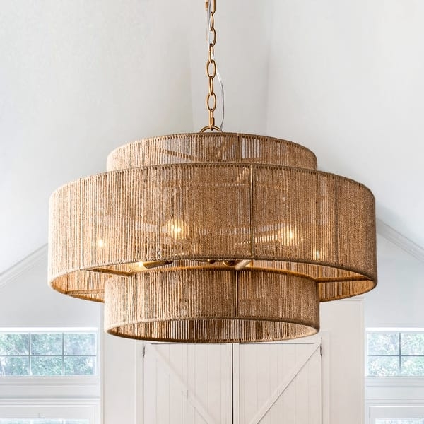 Bohemian Tiered Rope Drum Chandelier Dark Brown Hemp Woven Layers