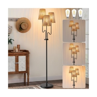 Bohemian Tree Floor Lamp, Three Rattan Shades, Matte Metal Finish
