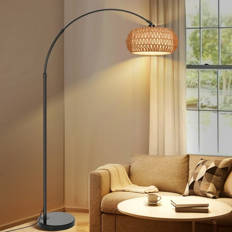 Boho Arc Floor Lamp with Woven Rattan Shade and Heavy Marble Base