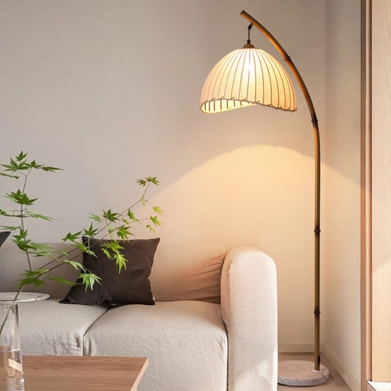 Boho Arched Floor Lamp with Woven Bell Shade for Living Room Lighting