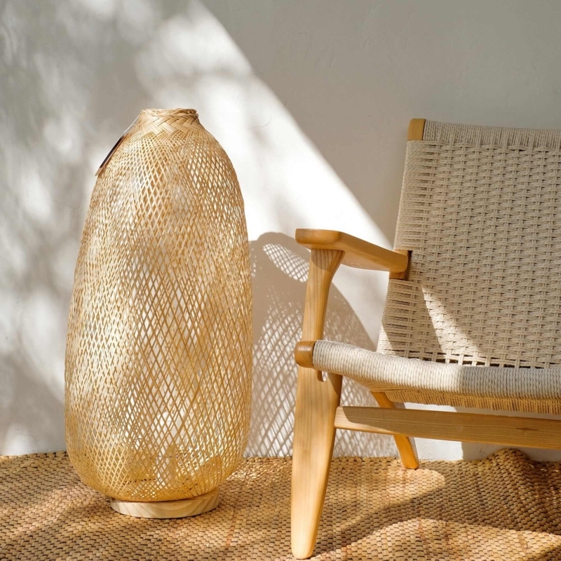 Boho Floor Lamp with Tall Cylindrical Diamond Weave Rattan Shade