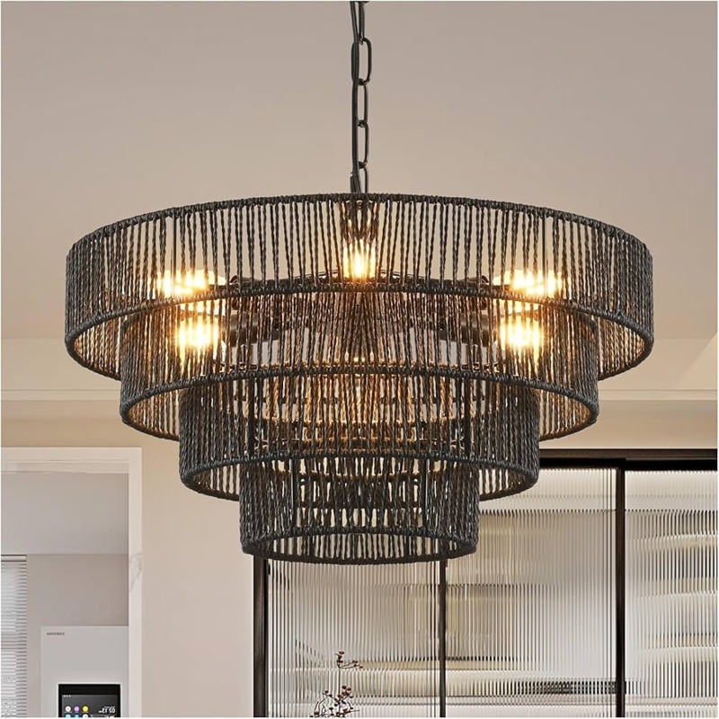 Boho Rope Drum Chandelier: Matte Black Hemp Wrapped Rustic Fixture