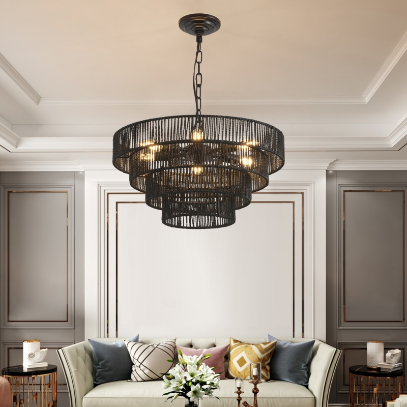 Boho Tiered Rope Chandelier: 4-Tier Natural Hemp Coastal Pendant