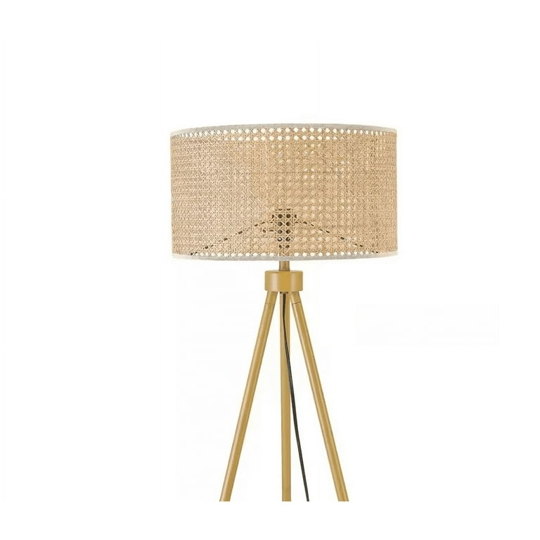 Boho Tripod Floor Lamp with Natural Rattan Drum Shade
