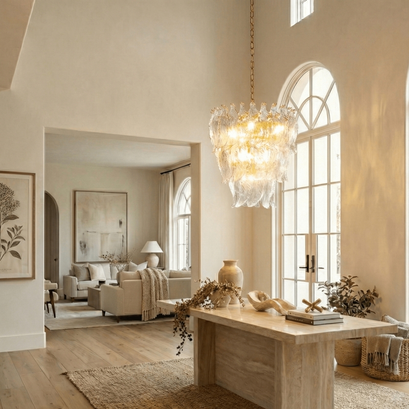 Botanical Inspired Glass Chandelier featuring Silver Leaf Shaped Panels