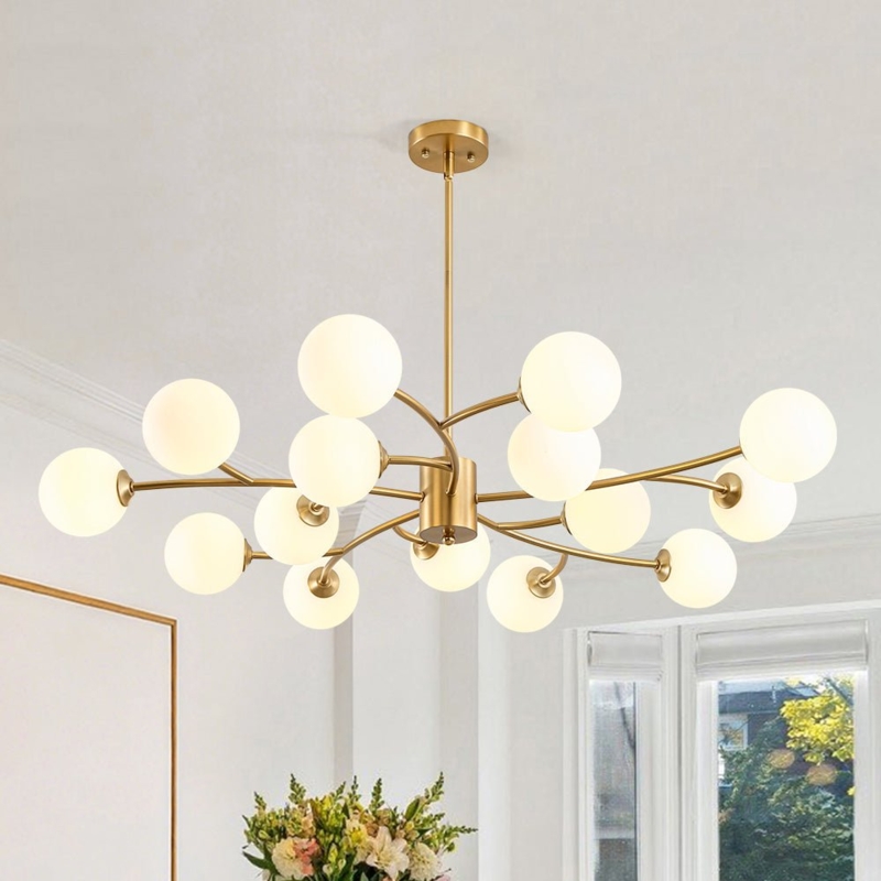 Branch Chandelier: 15-Light Gold Frame, Frosted Vortex Glass Shades