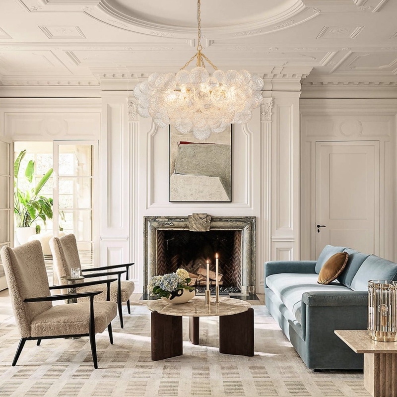 Branched Chandelier Water Patterned Glass Globes Brushed Brass