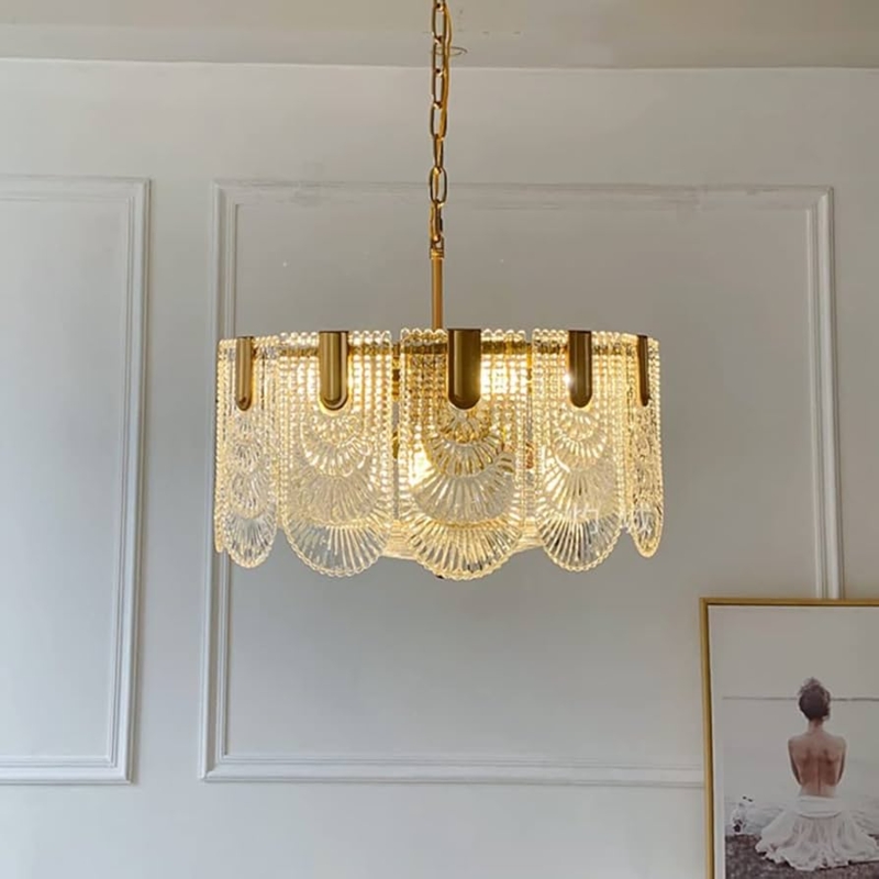 Brass And Glass Dining Pendant Chandelier, Water Glass Texture Shades.