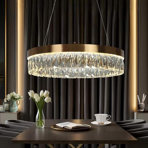 Brass Drum Chandelier Integrated LED Crystal Faceted Prisms