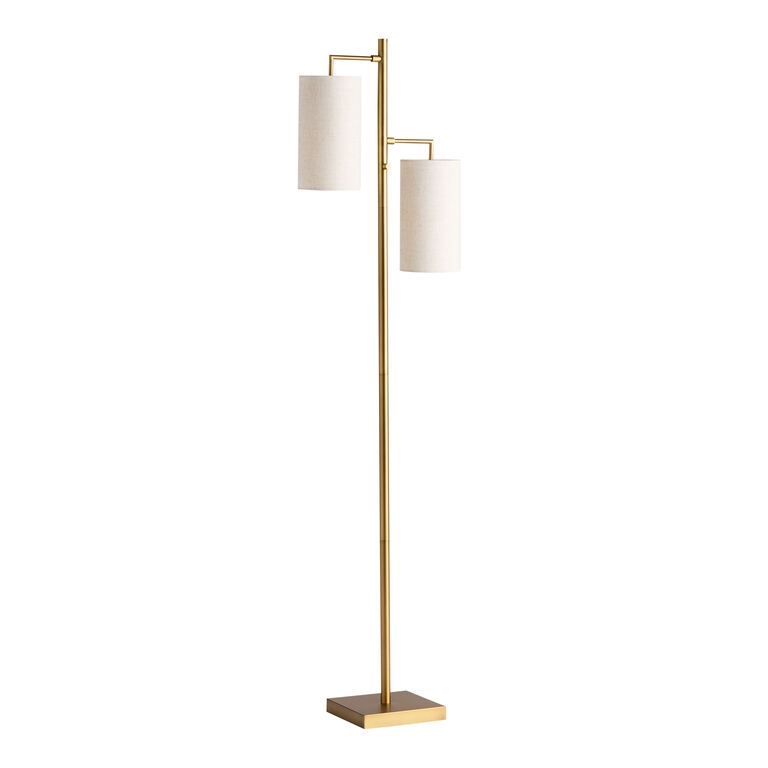 Brass Floor Lamp featuring Tiered White Linen Textured Drum Shades