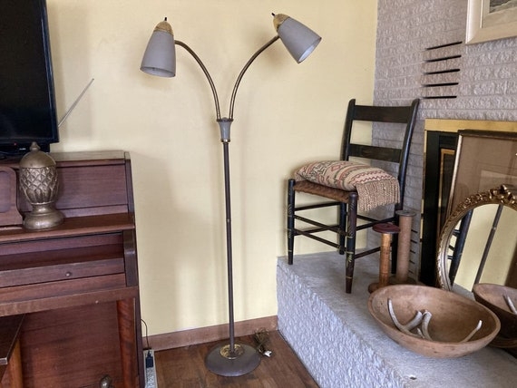 Brass Floor Lamp with Adjustable Gooseneck Arms and Bullet Shades