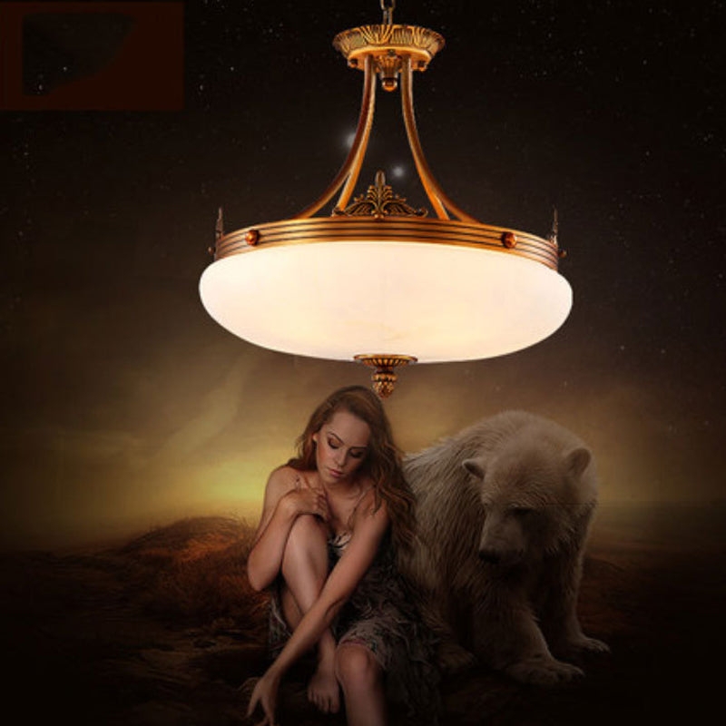 Brass Globe Pendant Light With Branching Arms And Frosted Glass