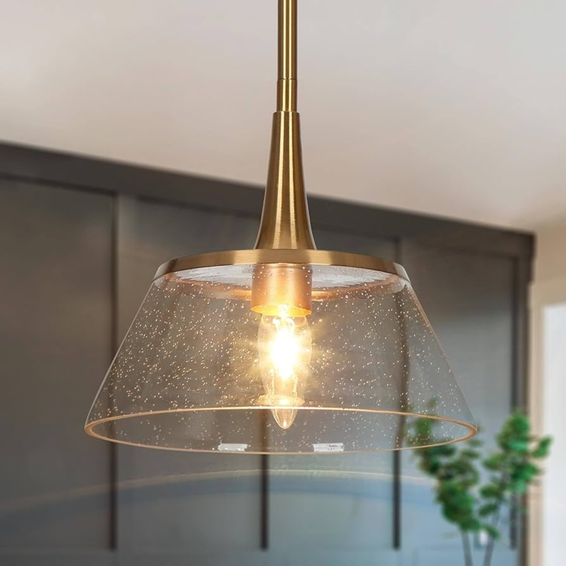Brass Pendant Light with Seeded Glass Shade for Kitchen Island