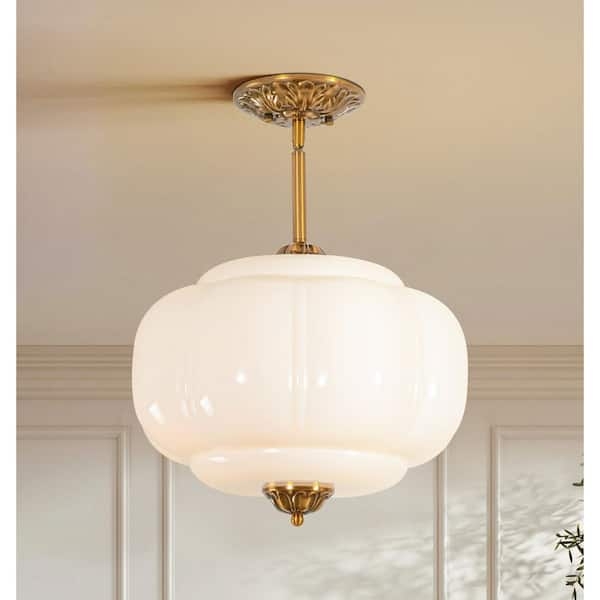 Brass Semi Flush Mount Lighting with White Ribbed Pumpkin Glass Shade