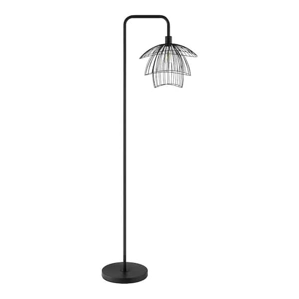 Bridge Floor Lamp with Clear Glass Bell Shade and Exposed Bulb, Industrial