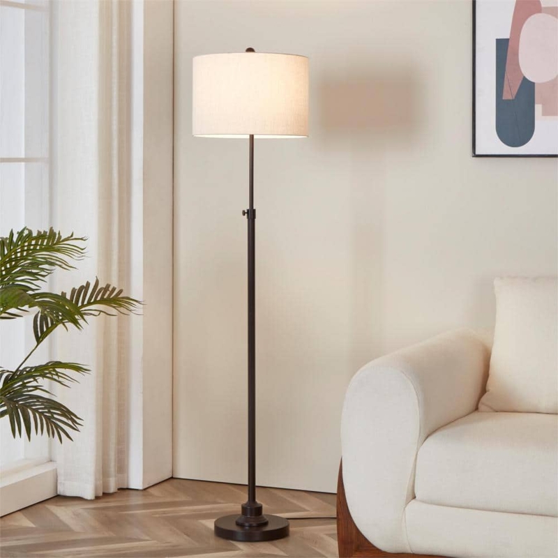 Bronze Floor Lamp Adjustable Height Linen Drum Shade Traditional