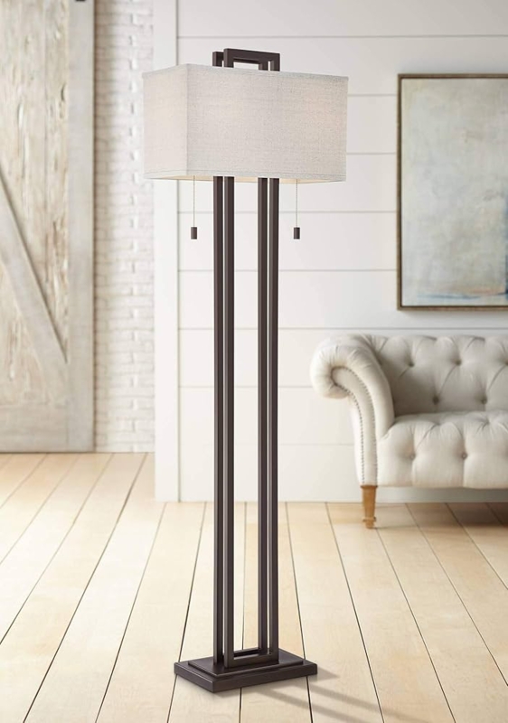 Bronze Floor Lamp Openwork Frame Rectangular Shade Geometric Lighting